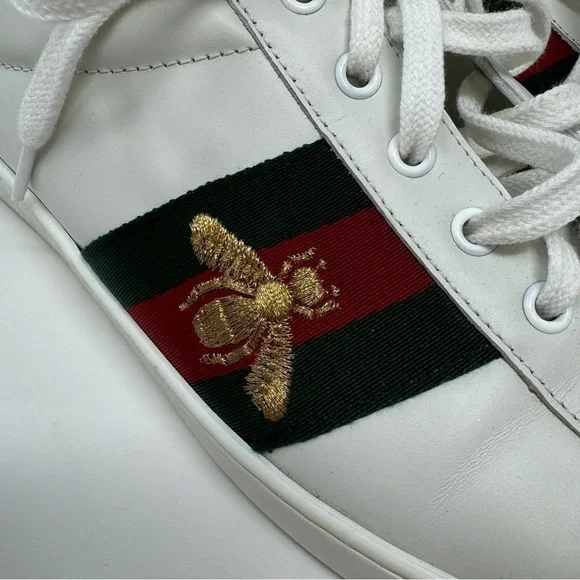 GUCCI Ace Embroidered Gold Bee White Sneakers with Red and Green Stripe - Picture 4 of 12